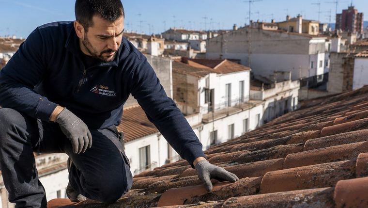 Aplicación de tratamiento antimusgo en tejado de Sabadell