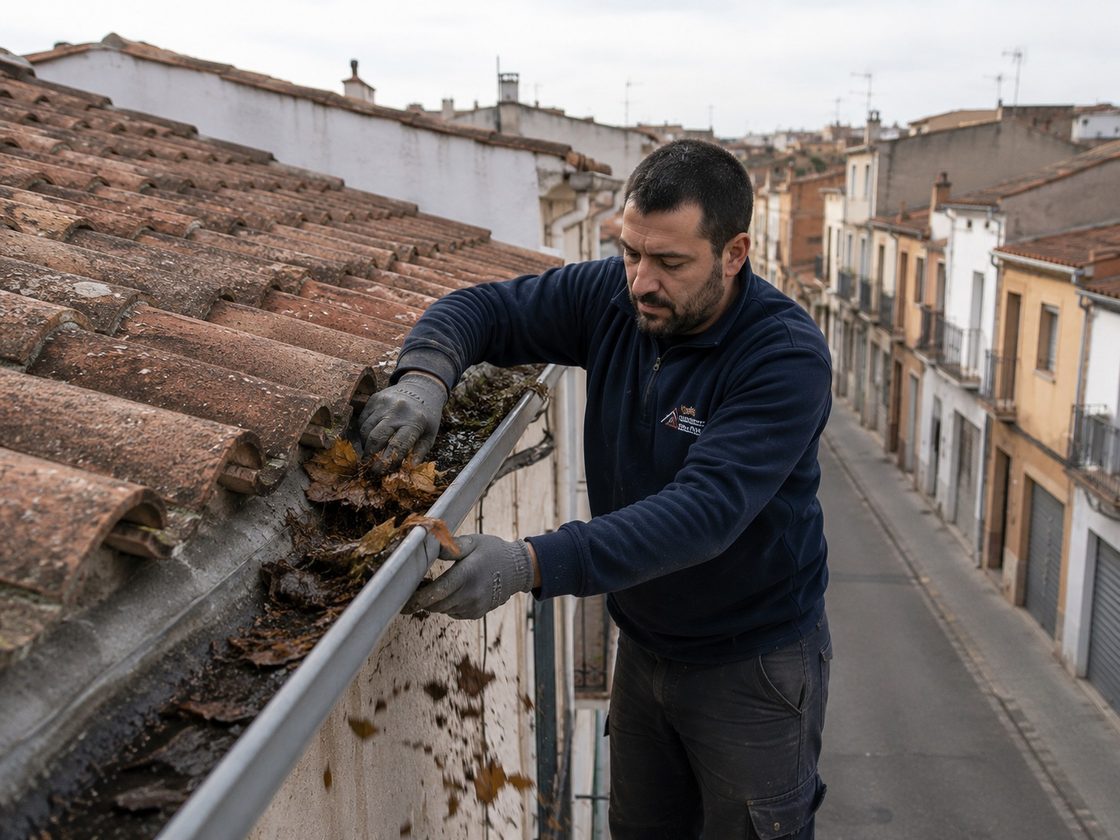 Limpieza profesional de canalones en tejado de casa de Sabadell