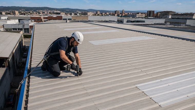 Reparación de gotera en cubierta de nave industrial en polígono de Sabadell
