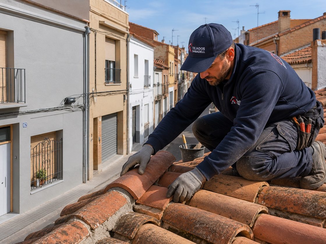 Reparación de tejado de teja cerámica en casa antigua de Sabadell