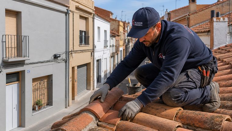 Sustitución de tejas rotas en tejado de Sabadell